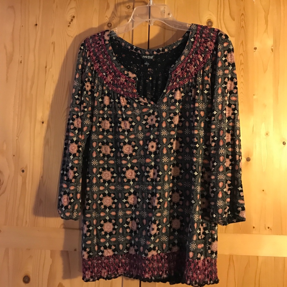 Lucky Brand Black Floral Boho Blouse with Pink Accents